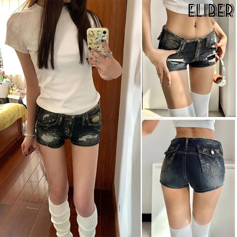 ELIBER- Hot Girl Quần Siêu Ngắn Denim Cạp Thấp Giặt Nước Cổ Điển Quần Hot Girl Ôm Dáng