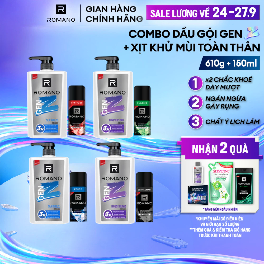 Combo Dầu gội nam Romano Gen Z Hương Sea Breeze/ Forest Cedar 610g/ chai + Xịt khử mùi cho nam 150ml/ chai