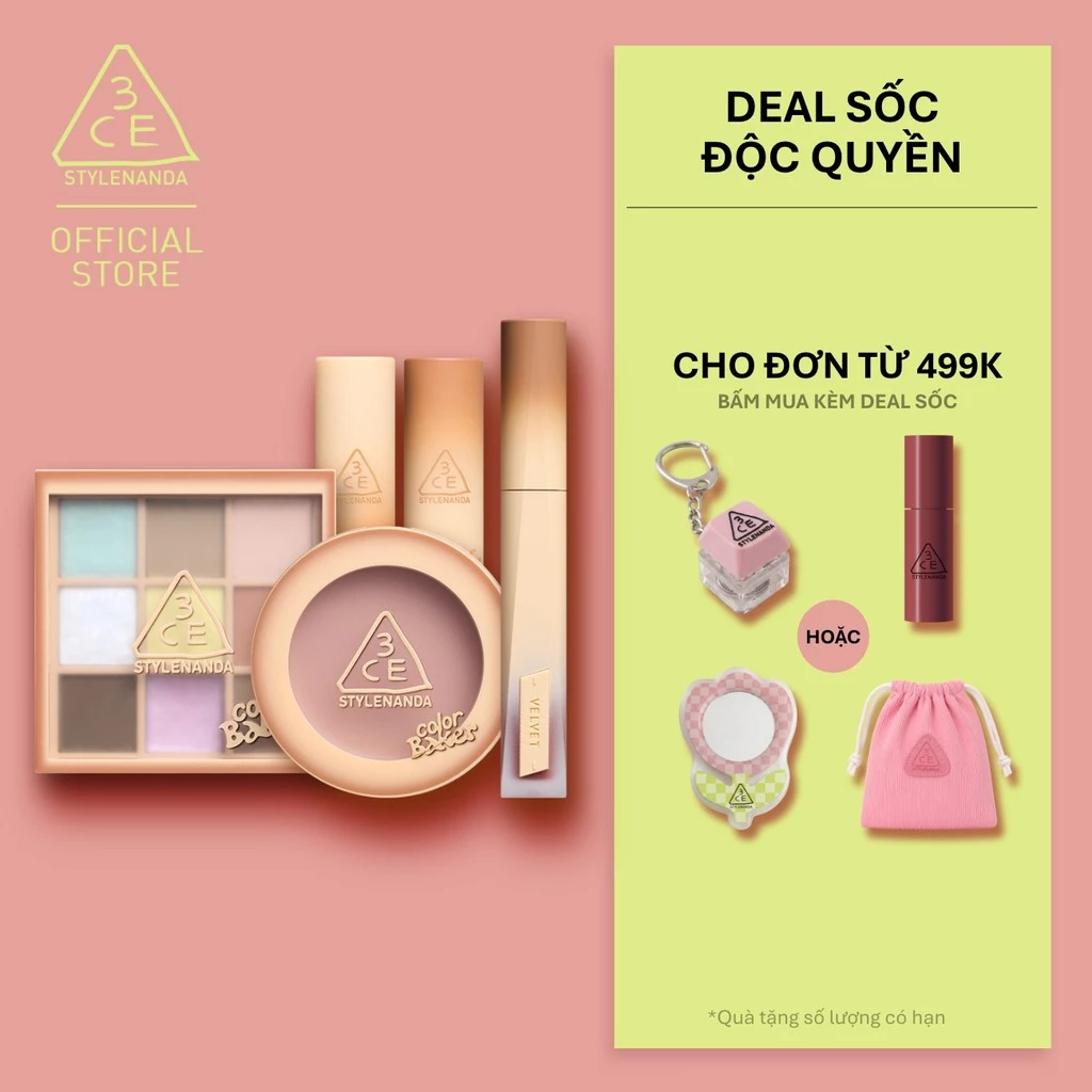 3CE BST COLOR BAKER - SON GLAZY LIP GLOW, SON VELVET PLUSH, MÁ HỒNG FACE BLUSH, BẢNG MẮT MULTI EYE 9 COLORS PALETTE