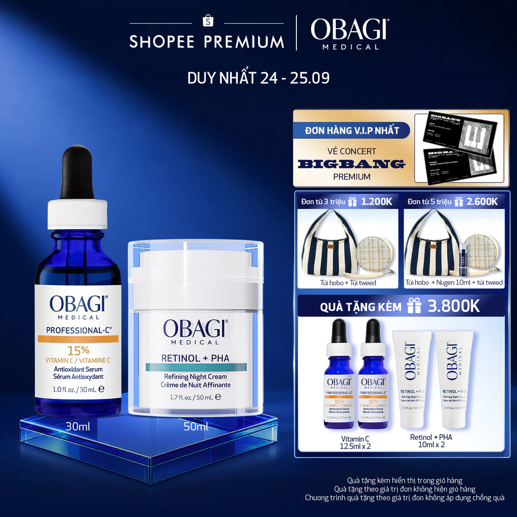 Bộ đôi Kem Dưỡng Đêm Obagi Retinol + PHA 50ml & Serum Vitamin C 15% Obagi Professional-C 30ml