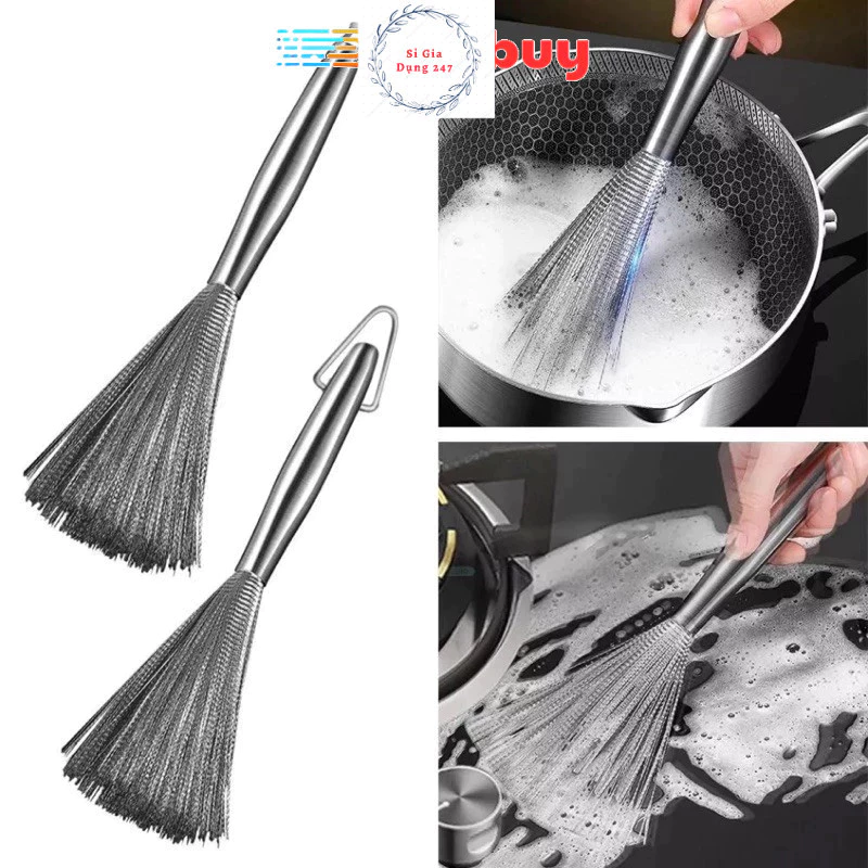 PVN72986 Chổi Inox 304 Chuyên Dùng Cọ Chà Rửa Nồi, Chảo Siêu Sạch, Nhanh Chóng Loại Bỏ Vết Bẩn, Có Móc Treo