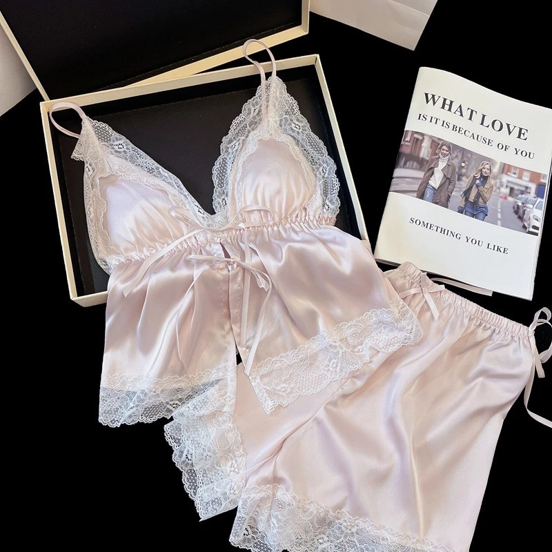 Băng Lụa Có Miếng Lót Ngực Mỏng Ngọt Bộ Đồ Ngủ Suspender Quần Short Loungewear Set