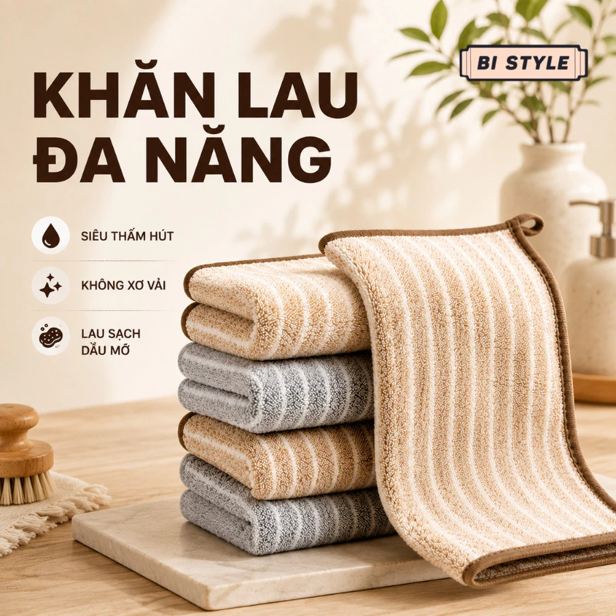 Khăn Lau Bếp Thấm Hút Nhanh Combo 5 Cái, Khăn Lau Tay Lau Chén Bát Đa Năng, Khăn Nhà Bếp Có Móc Treo
