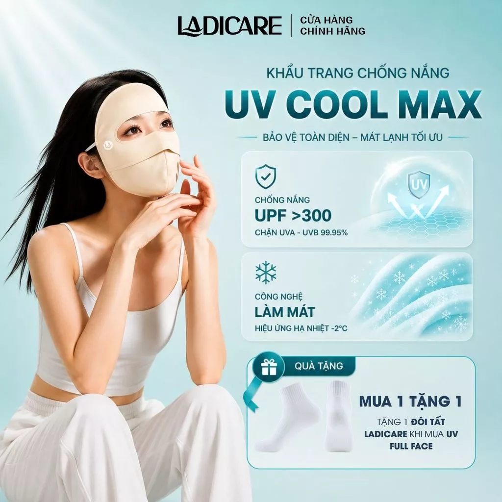 [QUÀ TẶNG KHI MUA] Khẩu Trang UV Toàn Mặt LADICARE COOL MAX Chống Nắng UPF50+, 2 Lớp Vải Lụa Băng Thoáng Khí