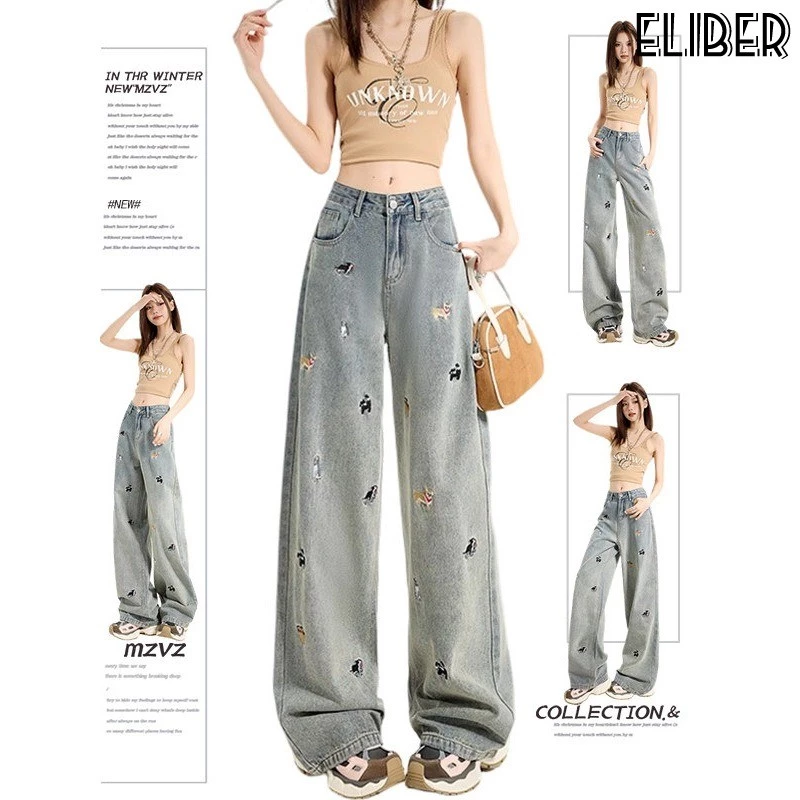 ELIBER- Quần Bò ỐNg RộNg Thêu Hình Chó Con Màu Đen Quần Ống Đứng Cạp Cao Tôn Dáng Gầy Cho Nữ