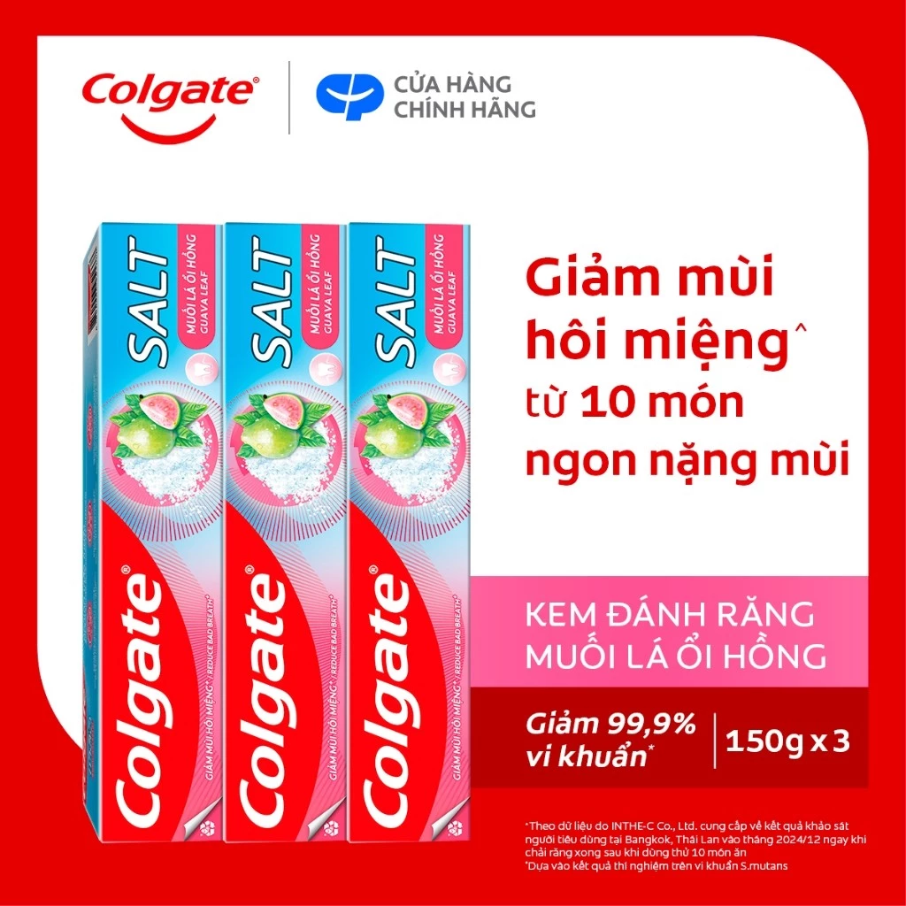 Bộ 3 Kem Đánh Răng Colgate Muối Lá Ổi Hồng giảm hôi miệng và vi khuẩn tích tụ 150g/ tuýp