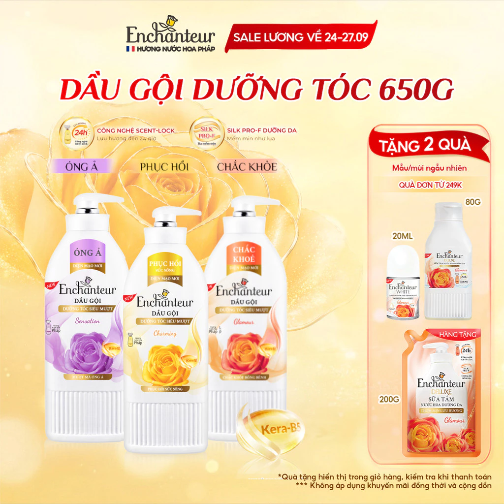 Dầu Gội Enchanteur 650g Thơm Hương Nước Hoa với Keratin,Dầu Hạnh Nhân, B5 x2 Phục Hồi Hư Tổn và Óng Ả,Không gàu bết ngứa