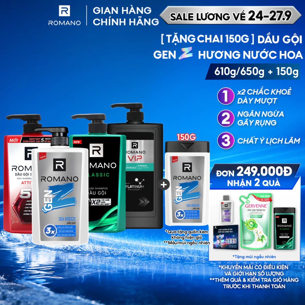 [TẶNG Chai 150G] Dầu gội nam Romano hương nước hoa 650g/ Gen Z 610g/ VIP 650g (Tặng phân loại ngẫu nhiên)