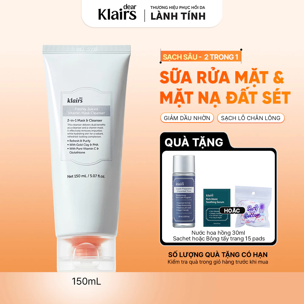 Sữa rửa mặt Dear, Klairs Freshly Juiced Vitamin Mask Cleanser hỗ trợ làm sáng da 150ml [FS]