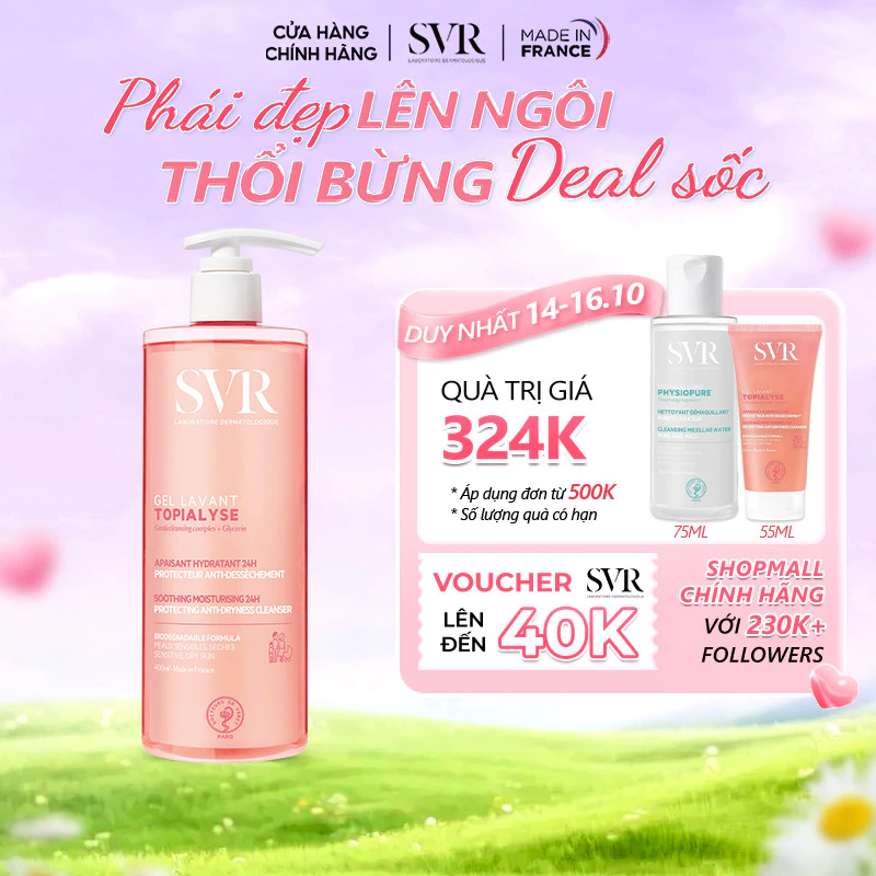 Gel rửa mặt không xà phòng cho da khô, nhạy cảm SVR Topialyse Gel Lavant 400ml