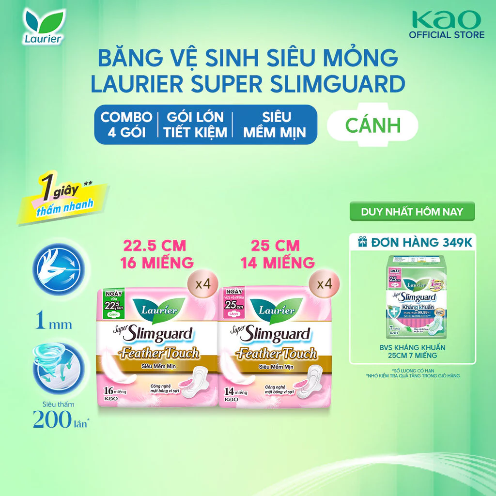 [LIVESTREAM - GÓI LỚN TIẾT KIỆM]  Combo 4 Băng Vệ Sinh Laurier Siêu Mỏng 1mm Feather Touch Siêu Mềm Mịn