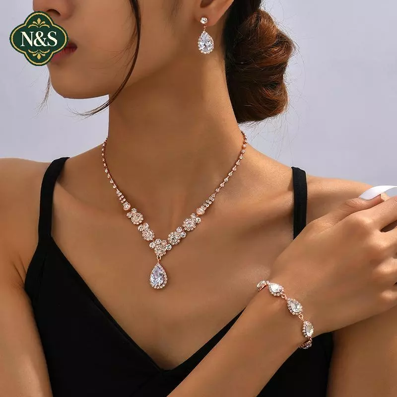 NS 3 Chiếc Thời Trang Và Sang Trọng Cưới Zircon Nelaces Bông Tai Bộ Vòng Tay Nữ Món Quà Trang Sức NS