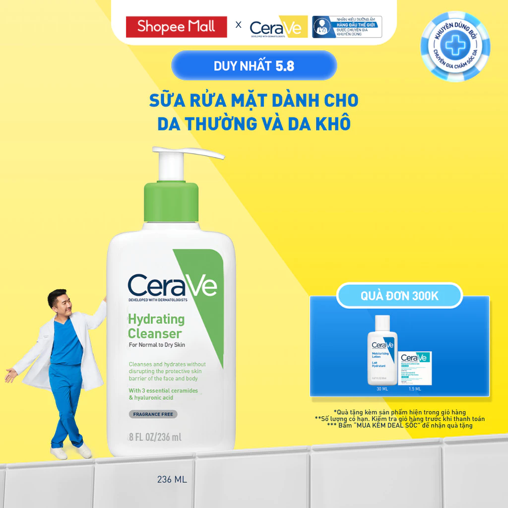 Chai CeraVe Hydrating Cleanser 236 ml dành cho da thường đến da khô trên Shopee
