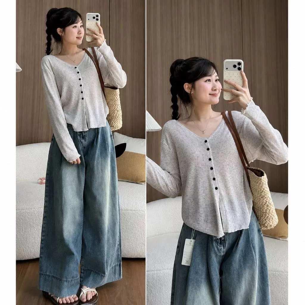 Áo Thun Nữ Form Rộng Dài Tay Cổ V Dệt Kim Tiêu Cúc Dọc, Áo Phông Oversize Basic Nhiều Màu Thu Đông Hàn Quốc Hot Trend