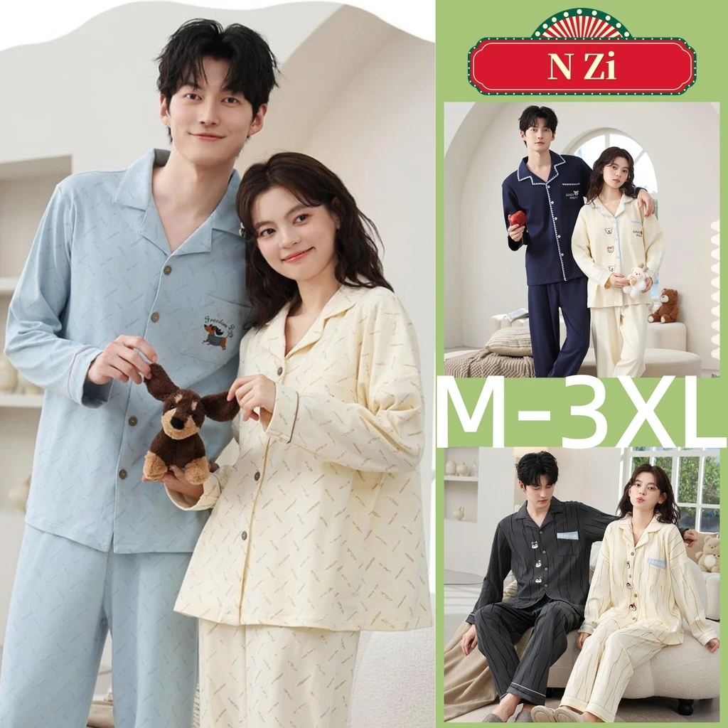 Cặp Đôi Bộ Đồ Ngủ Bộ Đồ Ngủ Nam Nữ Thu Đông Tay Dài Đồ Ngủ Người Phụ Nữ Lưới Sọc Hoạt Hình Rời Mặc Ở Nhà