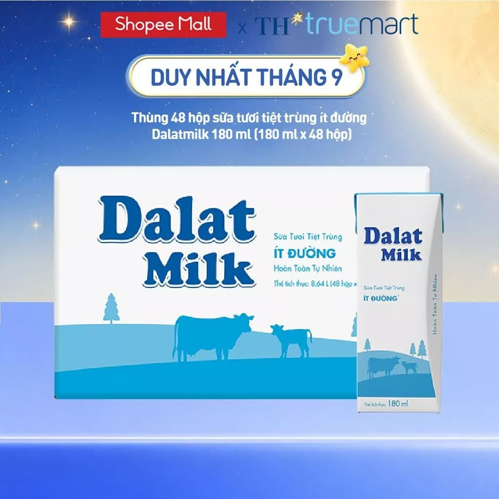 Thùng 48 hộp sữa tươi tiệt trùng Dalatmilk ít đường 180 ml (180 ml x 48)