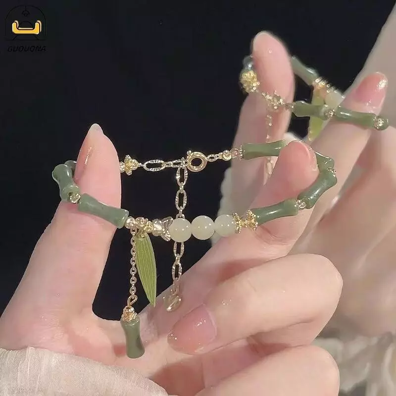 GUOUQNA Phong Cách Trung Hoa Retro Xanh Tre Khớp Đính Hạt Vòng Tay Cho Nữ Thời Trang Đơn Giản Quyến Rũ Hợp Kim Lá Vòng Tay Trang Sức Quà Tặng