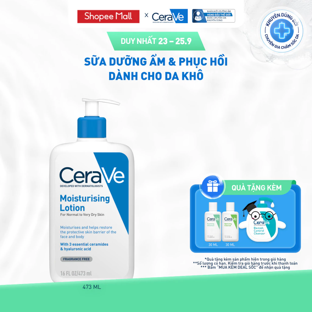 Sữa dưỡng ẩm phục hồi chuyên sâu và giữ da ẩm mịn suốt 48H, duy trì hàng rào bảo vệ da CERAVE MOISTURISING LOTION 473ML
