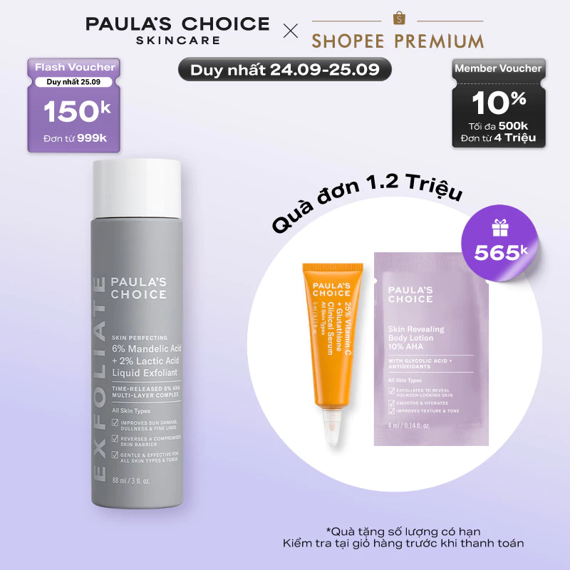 Dung dịch loại bỏ tế bào chết Paula's Choice 8% AHA (6% Mandelic Acid+ 2% Lactic Acid) Liquid Exfoliant 88ml - 1470