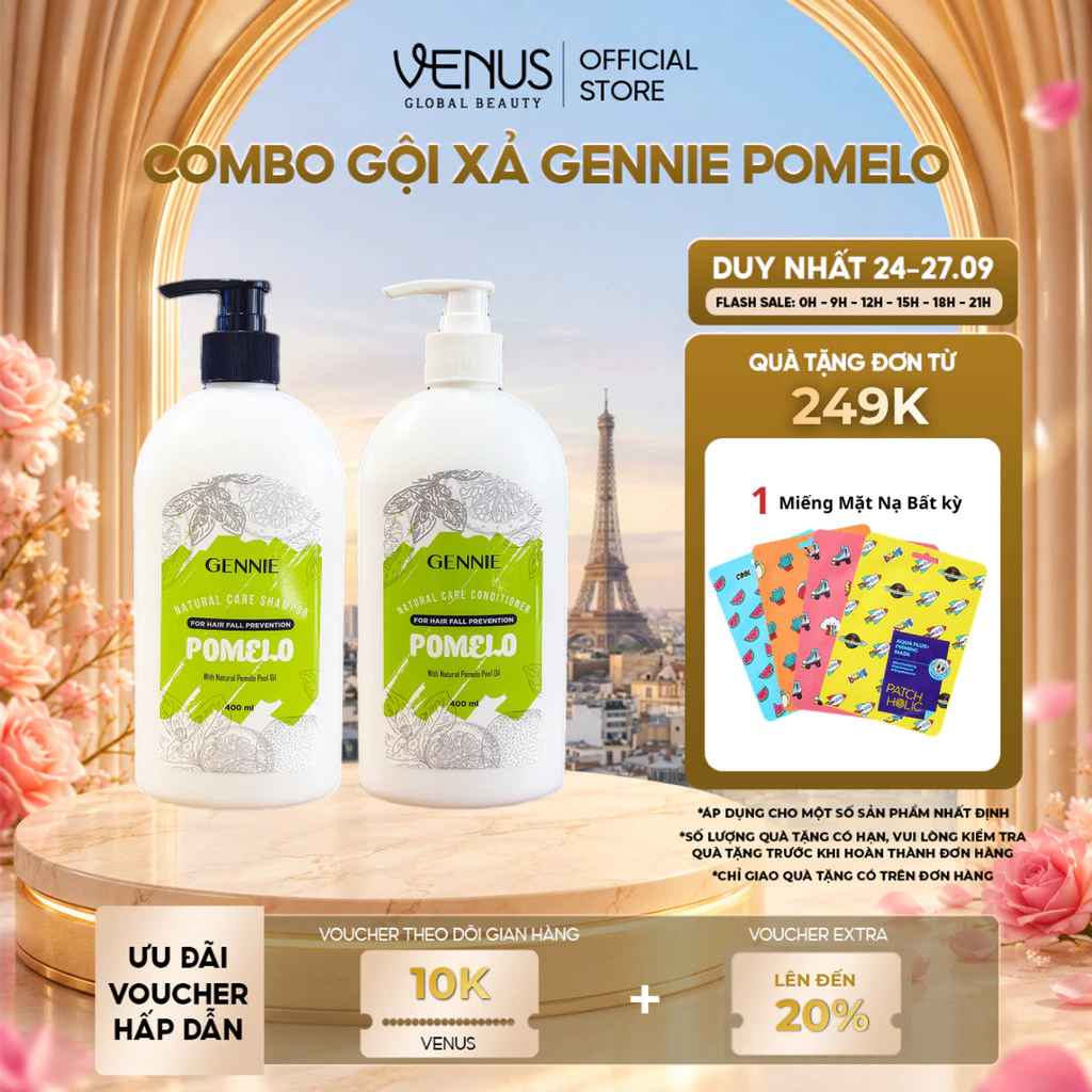 [MUA COMBO CÓ QUÀ] Dầu gội - xả Bưởi Gennie Pomelo Natural Care cho tóc khô, yếu và dễ gãy rụng 400ml