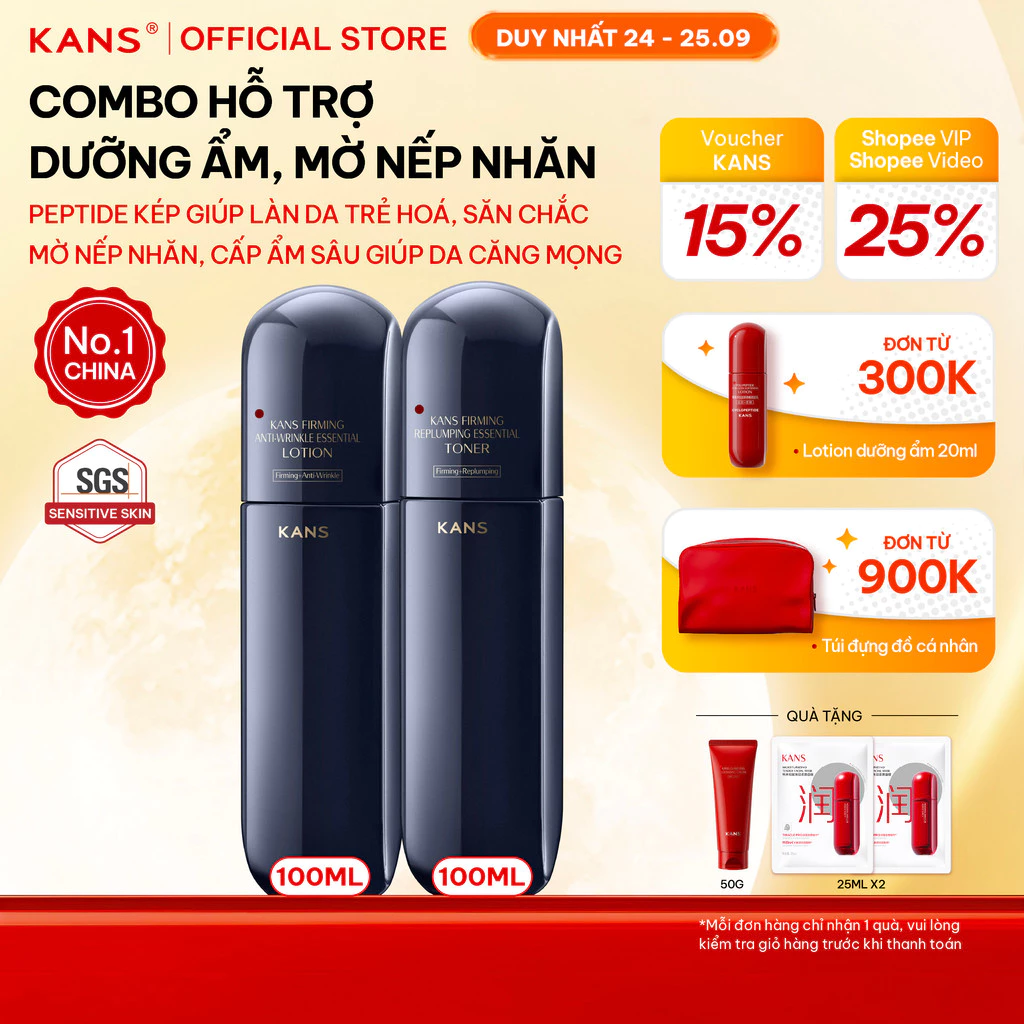 KANS Combo Cấp Ẩm Sâu, Mờ Nếp Nhăn Toner - Lotion 100mlx2 Chống Lão Hóa Giúp Săn Chắc Da, Tăng Độ Đàn Hồi, Tăng Collagen