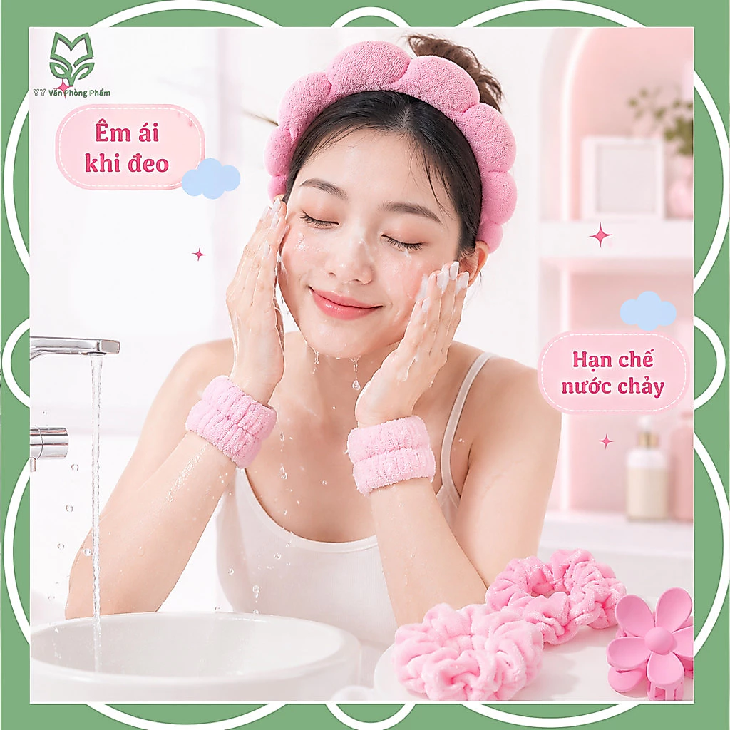 Bộ Phụ Kiện Rửa Mặt 6 Món, Băng Đô Tóc Bông Mềm Kèm Băng Tay Và Kẹp Tóc