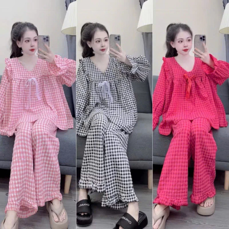 Set Bộ Áo Babydoll Quần Dài Áo Dài Gắn Nơ Tiểu Thư Bánh Bèo, Set Babydoll Tiểu Thư Sang Chảnh Mặc Nhà