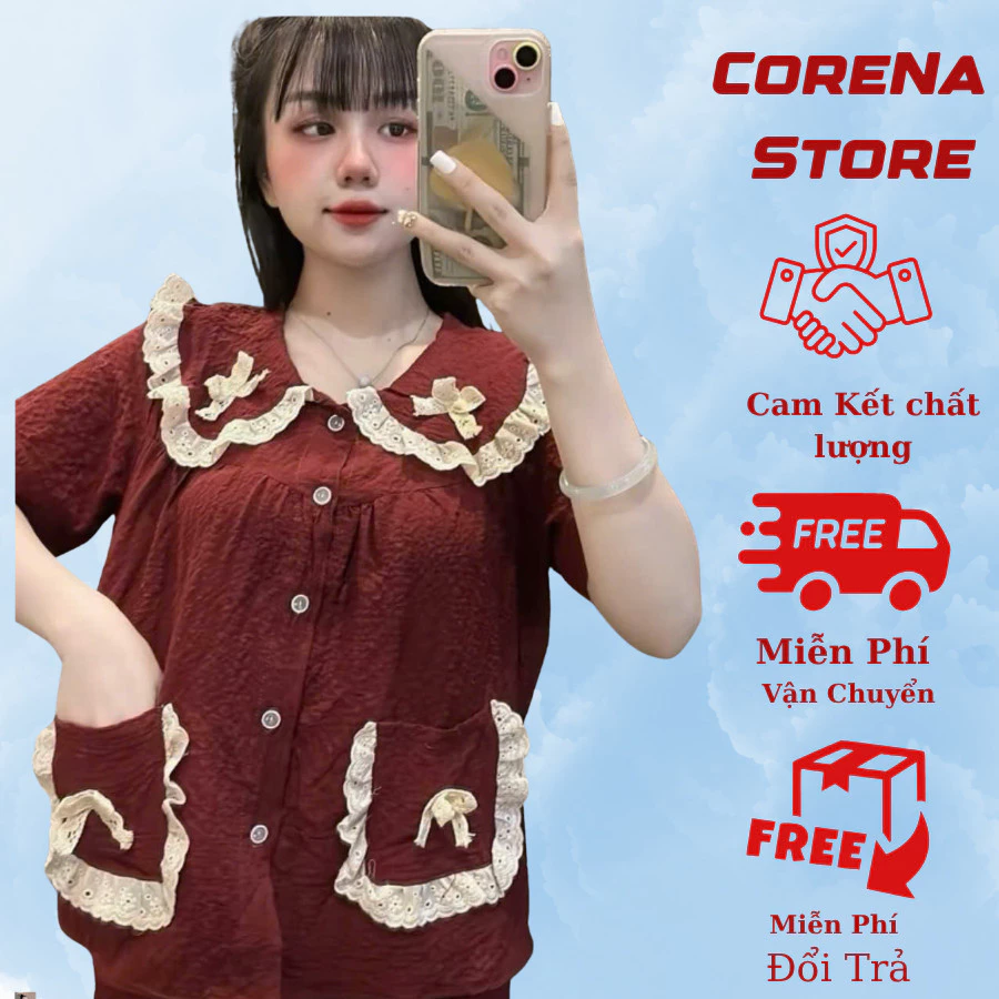 Bộ đồ ngủ CoreNa bánh bèo tiểu thư cộc đùi xinh xỉu chất Đũi Vân Mây size M/L [ sz từ 40- 65kg]