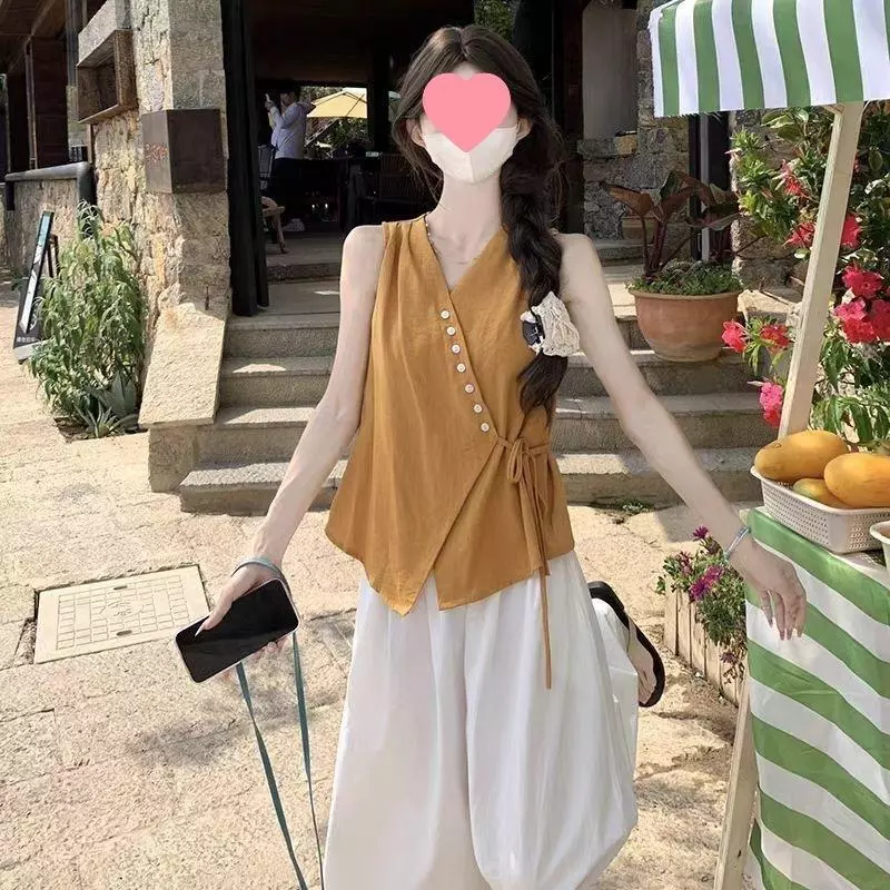 Áo sơ mi nữ mùa hè Dopamine thời trang không tay cổ chữ V đẹp
