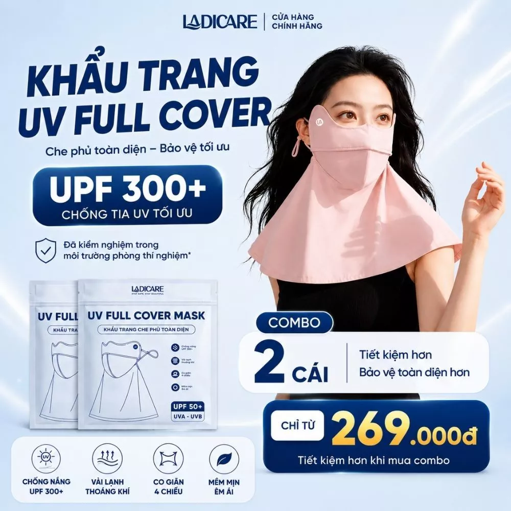 Khẩu Trang Chống Tia UV Trùm Kín Cổ LADICARE UPF 50+ Vải Lụa Băng Mát Lạnh Logo Đổi Màu, Chống Nắng Toàn Diện Mặt Và Cổ