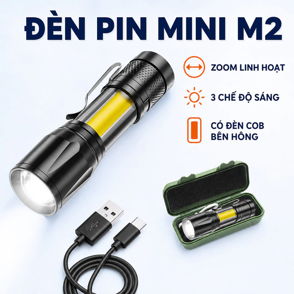 Đèn Pin Siêu Sáng Cao Cấp Mini M2, Có Zoom, 3 Chế Độ Sáng, Có Đèn COB Bên Hông, Kèm Dây Sạc Fullbox