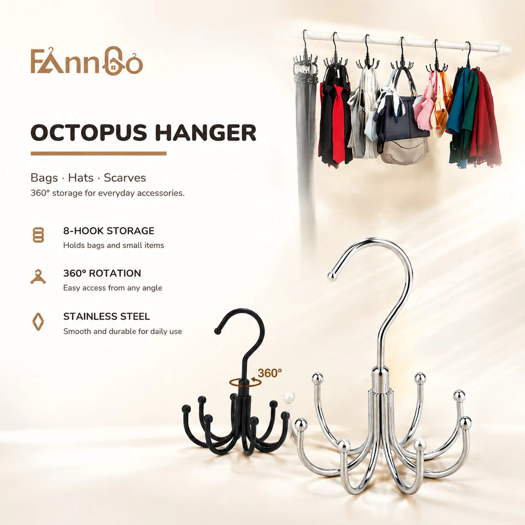 Móc treo bạch tuộc bằng thép không gỉ FannGo (1 gói), 360° Xoay được, chứa tối đa 8 túi, thích hợp để sắp xếp tủ quần áo và lưu trữ không gian