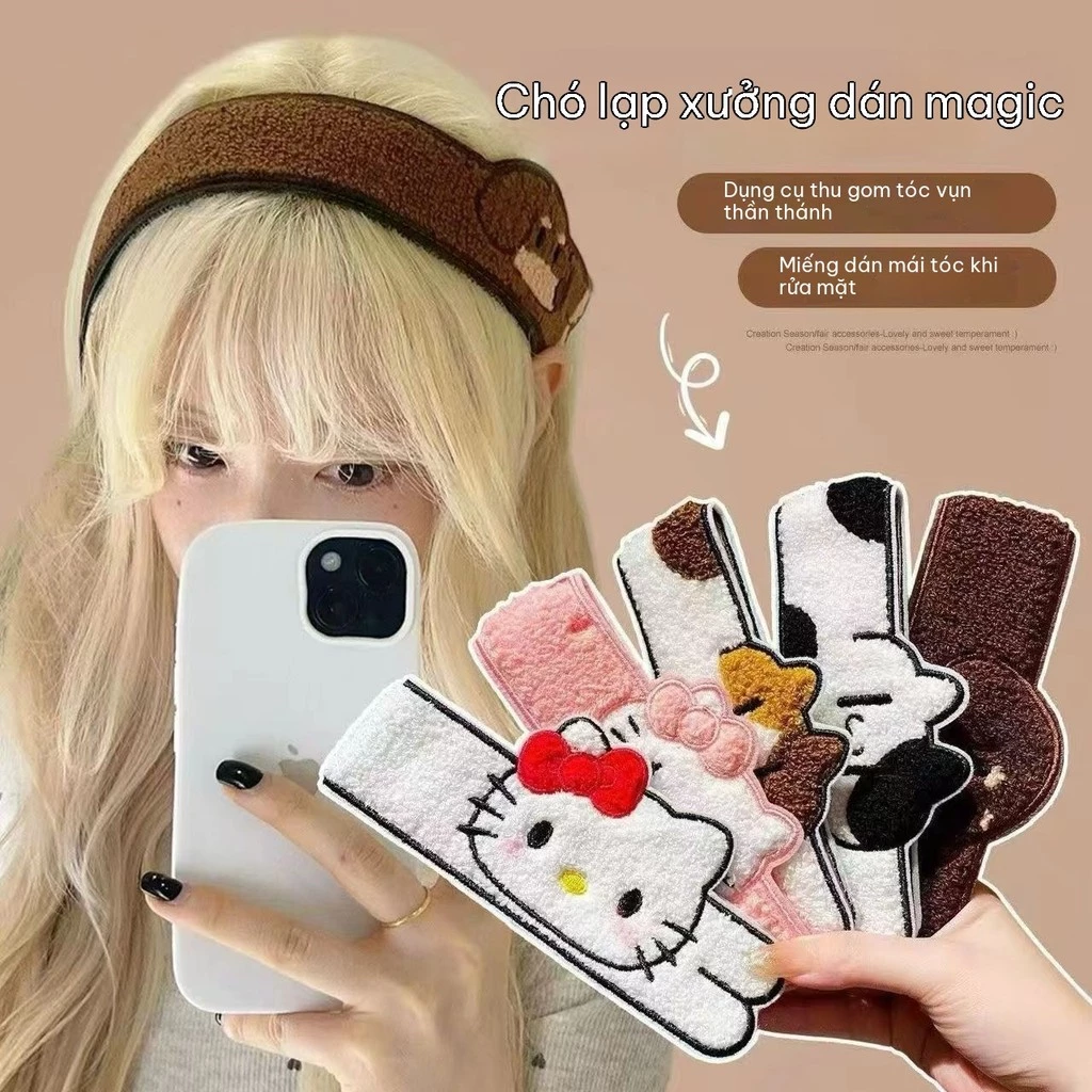 Băng Đô Velcro Dán Tóc Hình Mèo - Phụ Kiện Giữ Tóc Con Gọn Gàng Tiện Lợi Khi Rửa Mặt, Makeup