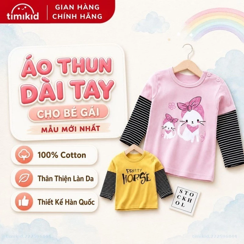 Áo Thun Cotton Dài Tay Bé Gái - Phong Cách Hàn Quốc, Mẫu Mới Nhất