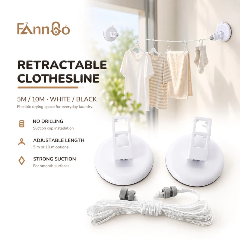 Hàng có sẵn Cốc hút có thể thu vào Dây phơi quần áo 5M Không cần khoan treo tường Dây phơi đồ giặt trong nhà cho ban công phòng tắm