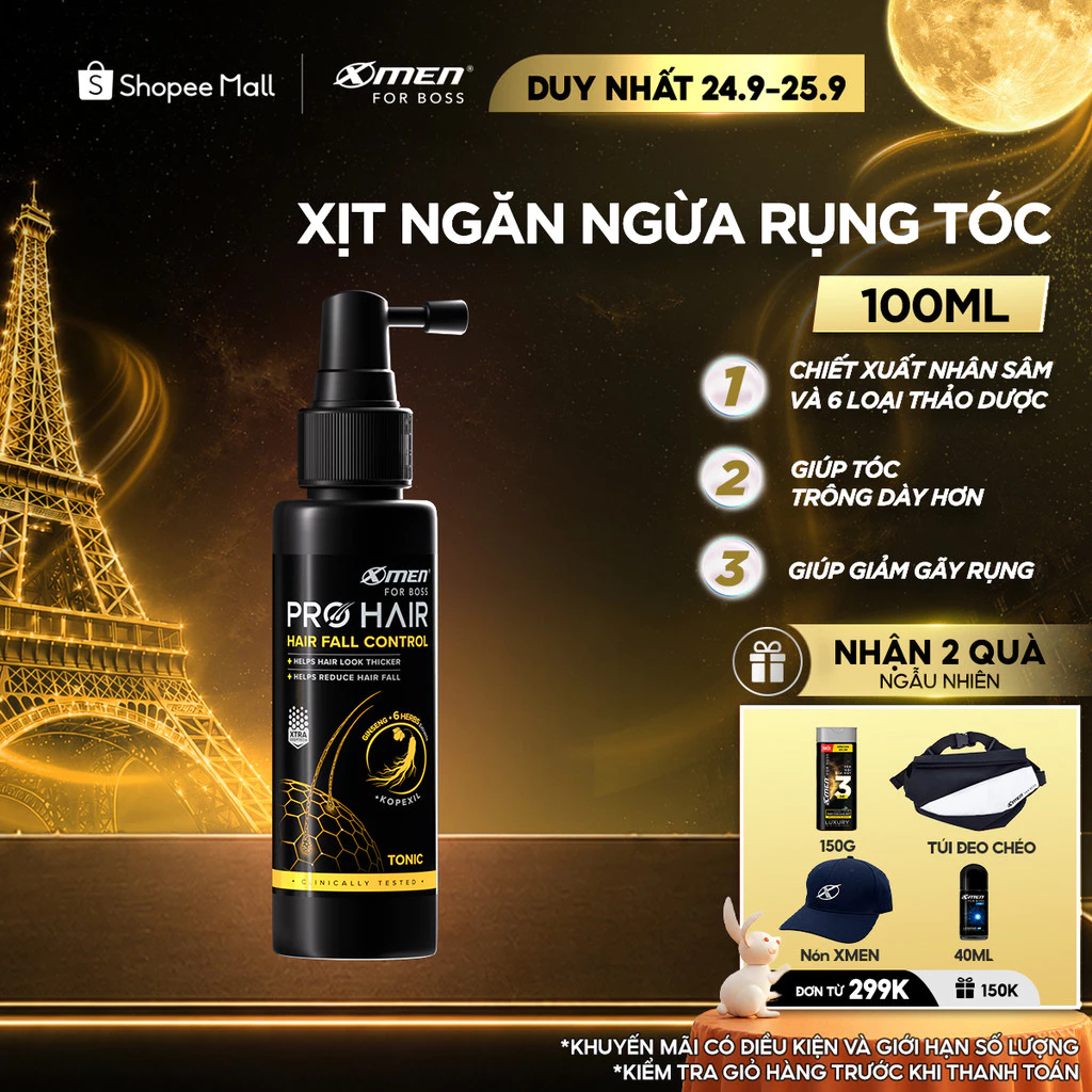 [MỚI] Xịt Ngăn Ngừa Rụng Tóc Xmen for Boss Pro Hair 100ml-Chiết Xuất Nhân Sâm- Kích Thích Mọc Tóc-Giúp Tóc Trông Dày Hơn