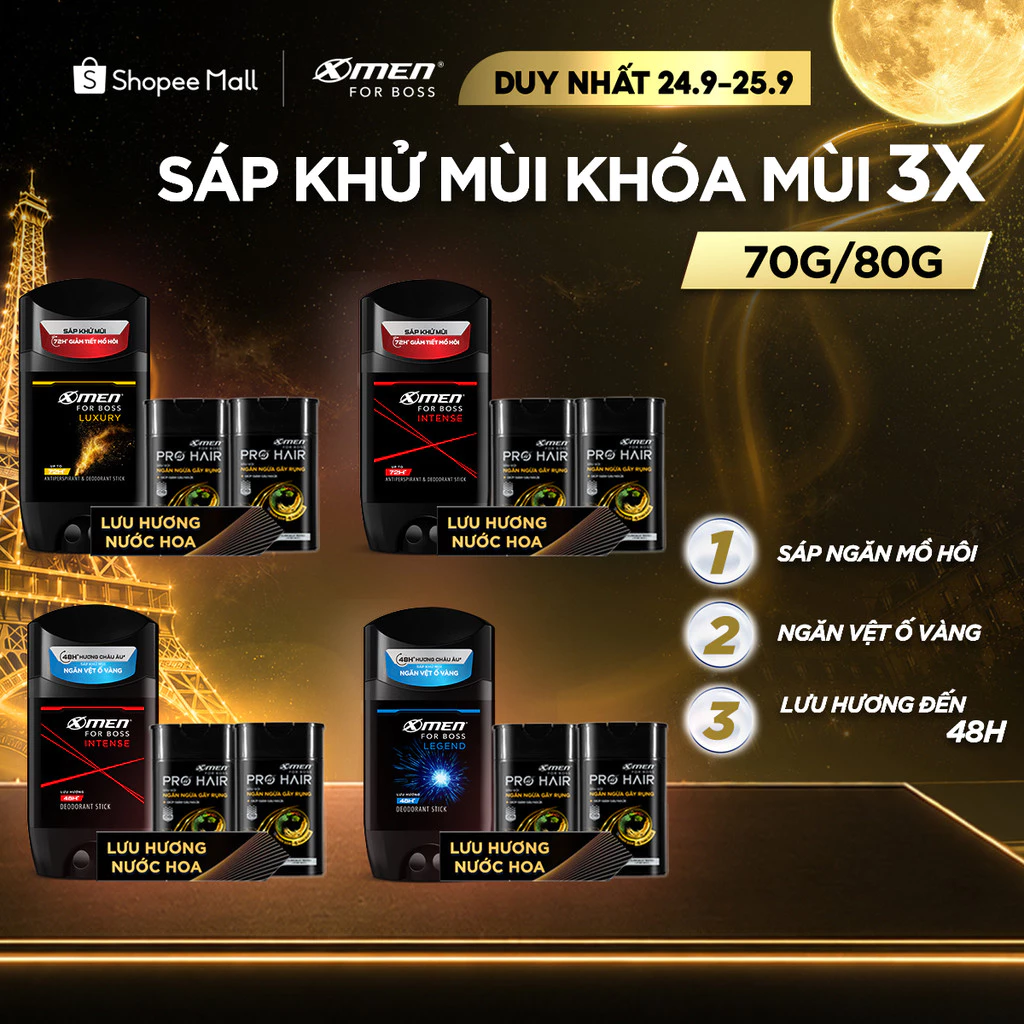 Combo Sáp Khử Mùi XMen For Boss 70g/80g và 2 Chai Dầu gội Pro Hair Ngăn Gãy Rụng 75g/Chai hoặc 1 Tắm Gội 150g