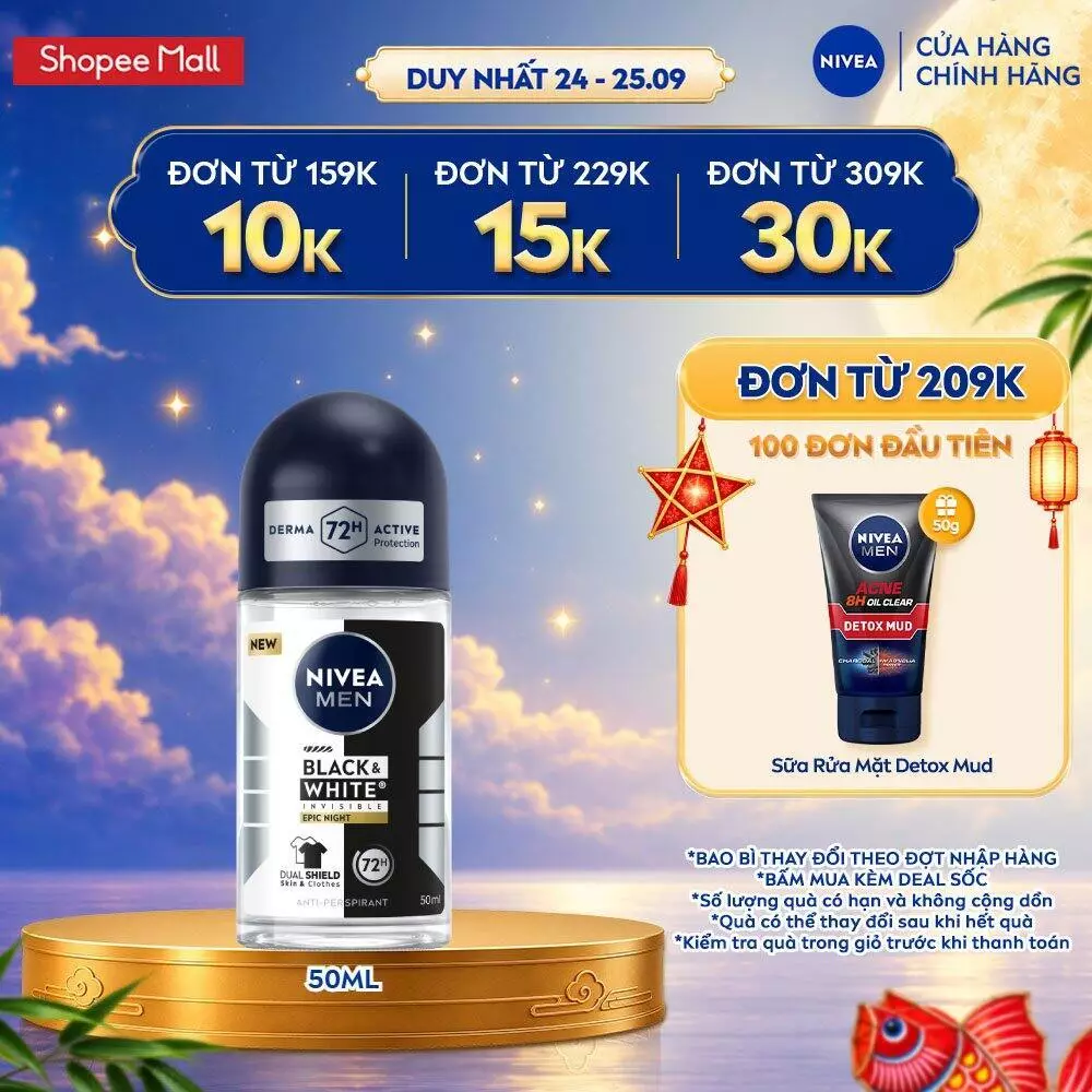 Lăn Ngăn Mùi NIVEA MEN Black&White Ngăn Vệt Ố Vàng Vượt Trội | Hương Mạnh Mẽ 50ml / Lăn Khử Mùi Nam - 85392