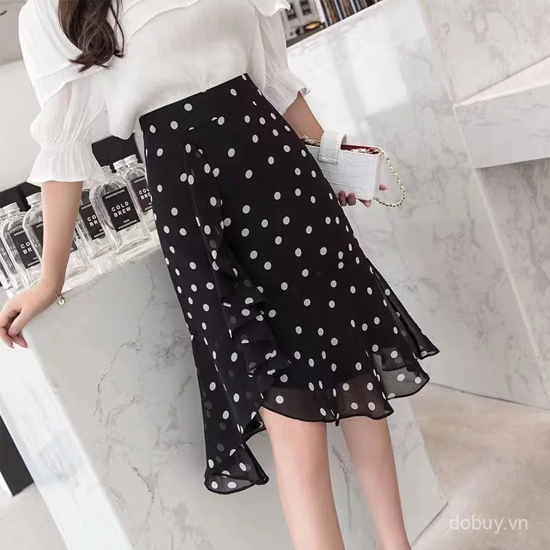 Váy Midi voan chấm bi đen trắng dành cho nữ, váy xòe bất đối xứng cạp cao không đều viền loe