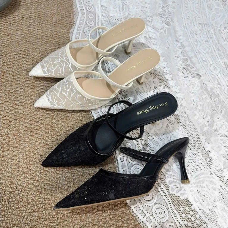 Giày Sục Cao Gót Nữ - Guốc Mũi Nhọn Lưới Đế 7cm Tôn Dáng Thanh Lịch Êm Chân Phong Cách Công Sở N0015