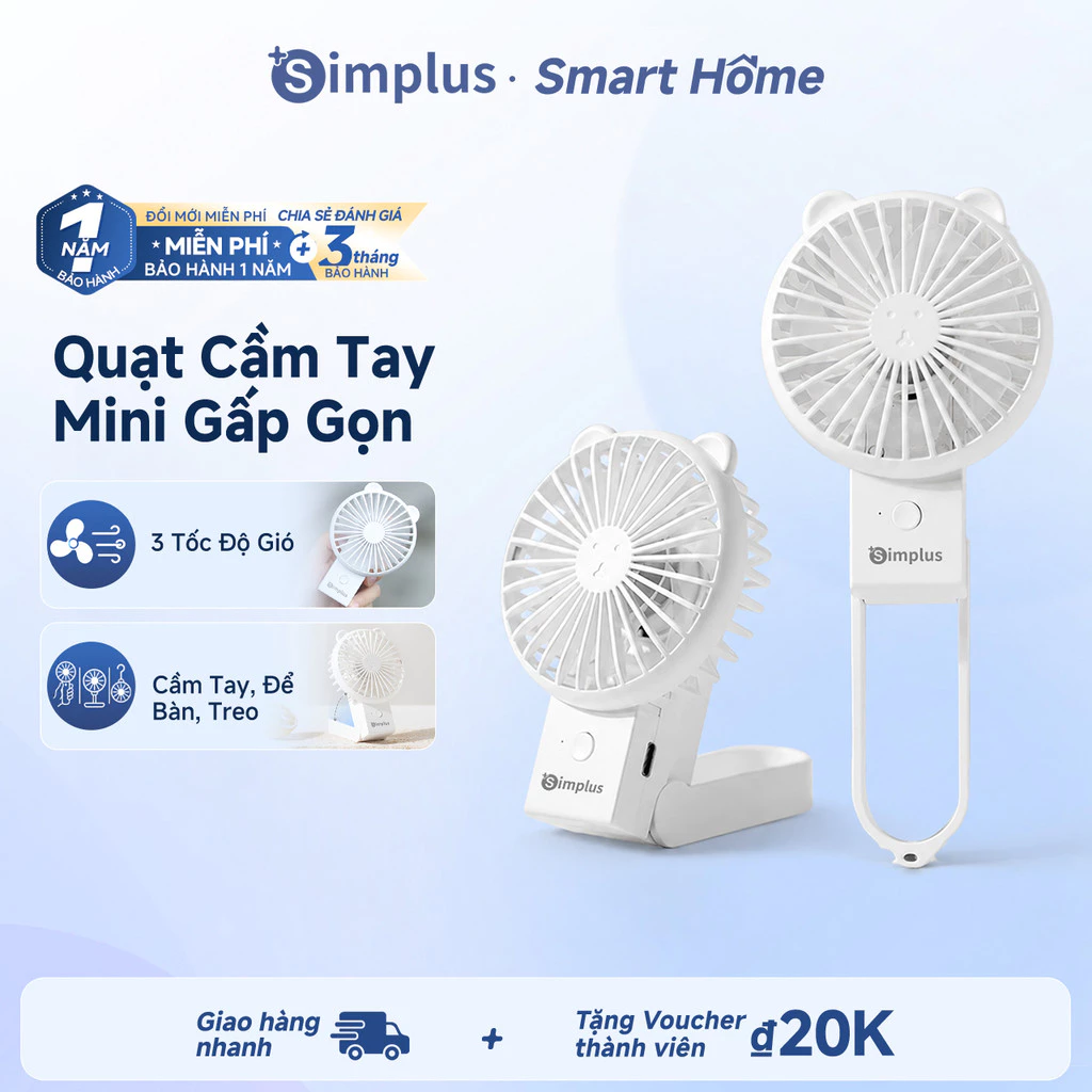 Simplus Quạt Cầm Tay Nhỏ Xinh Dễ Thương Mini Tiện Lợi Có Thể Gập Lại 3 Tốc Độ Gió Sạc Type-C DFSH015