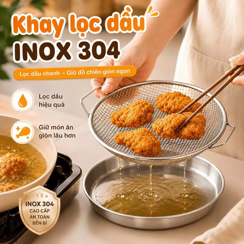 Khay Lưới Lọc Dầu Inox Kèm Vỉ Chống Dính Có Tay Cầm, Khay Ráo Dầu Chiên Rán, Dùng Cho Nồi Chiên Không Dầu - GD370