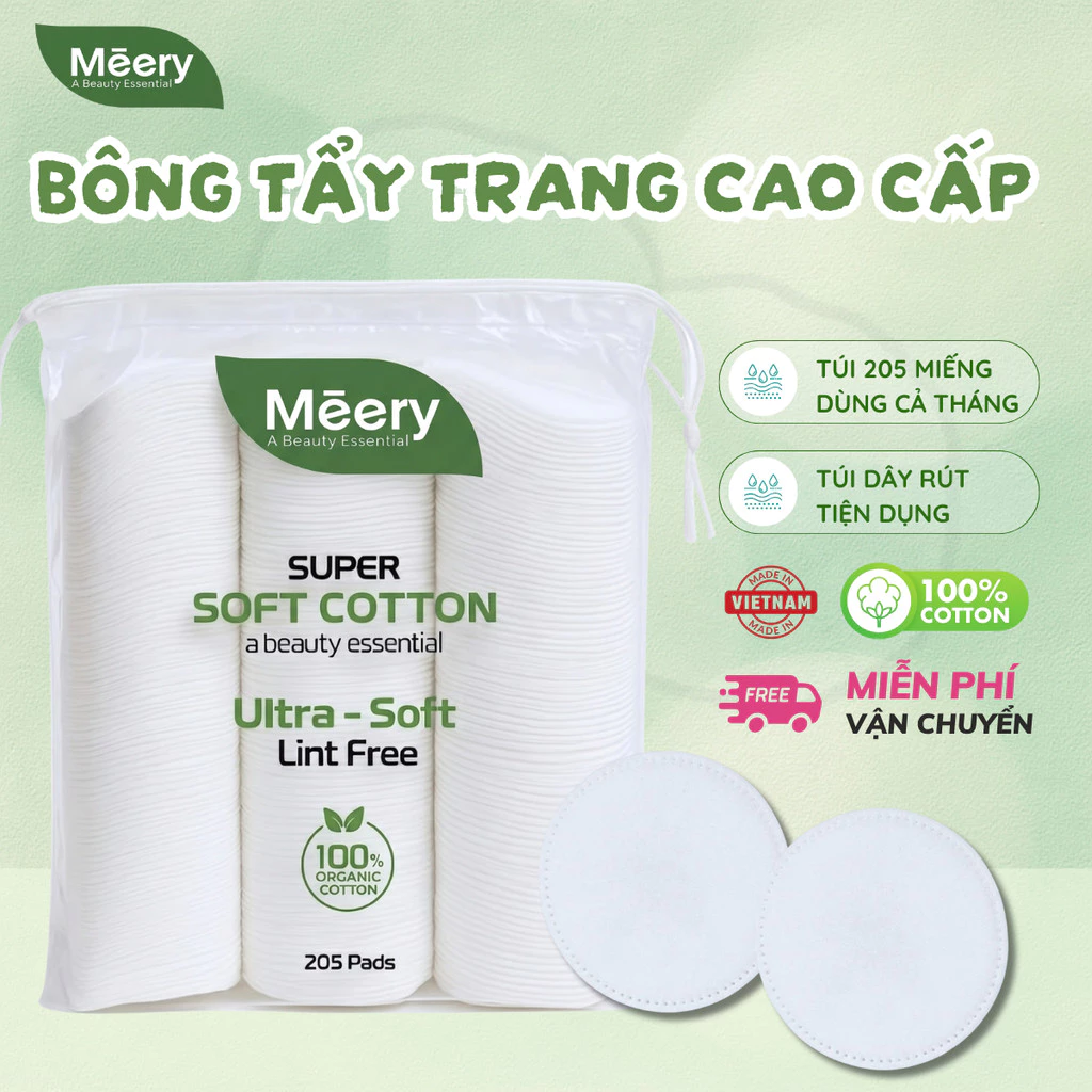 Bông Tẩy Trang MÉERY Chính Hãng, Bông Tẩy Trang Meery 205 Miếng 100% Cotton BTT