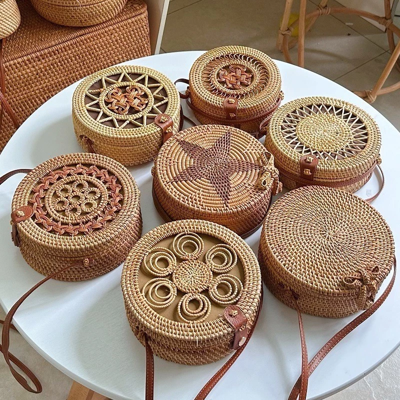[Sản phẩm mới] Mây Rỗng Bề mặt trơn Mini Rơm dệt Di động Túi chéo một vai Túi Mori Giỏ Túi xách nữ tròn