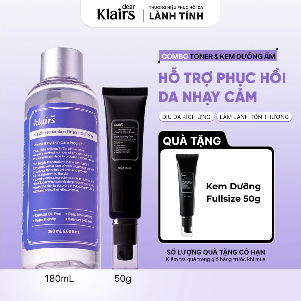 COMBO Nước hoa hồng Supple Preparation Unscented 180ml+ [T11/27] Kem dưỡng Midnight Blue Clearing Water Cream 50g [FS]