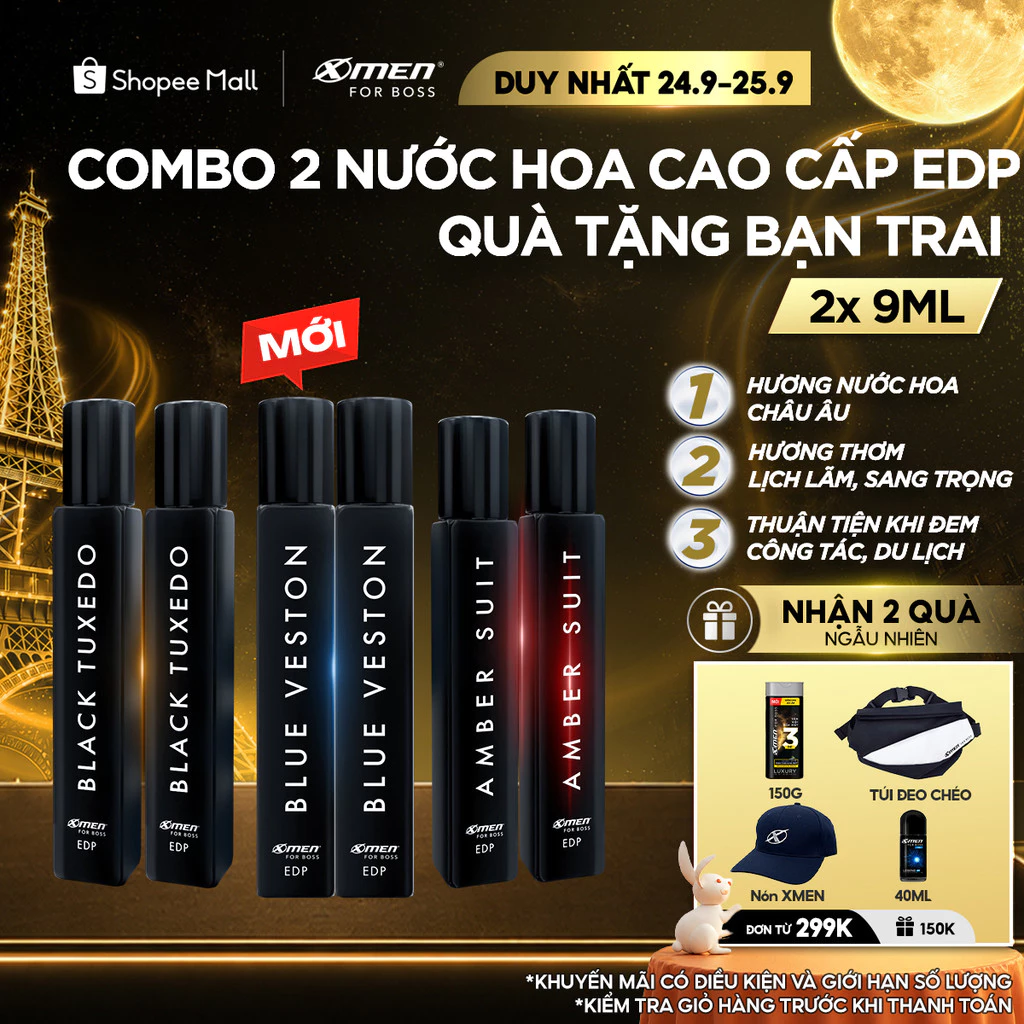 [MỚI] Combo 2 Nước Hoa Nam Cao Cấp XMen for Boss EDP 9ml/chai, Hương Thơm Lịch Lãm, Quà Tặng Bạn Trai