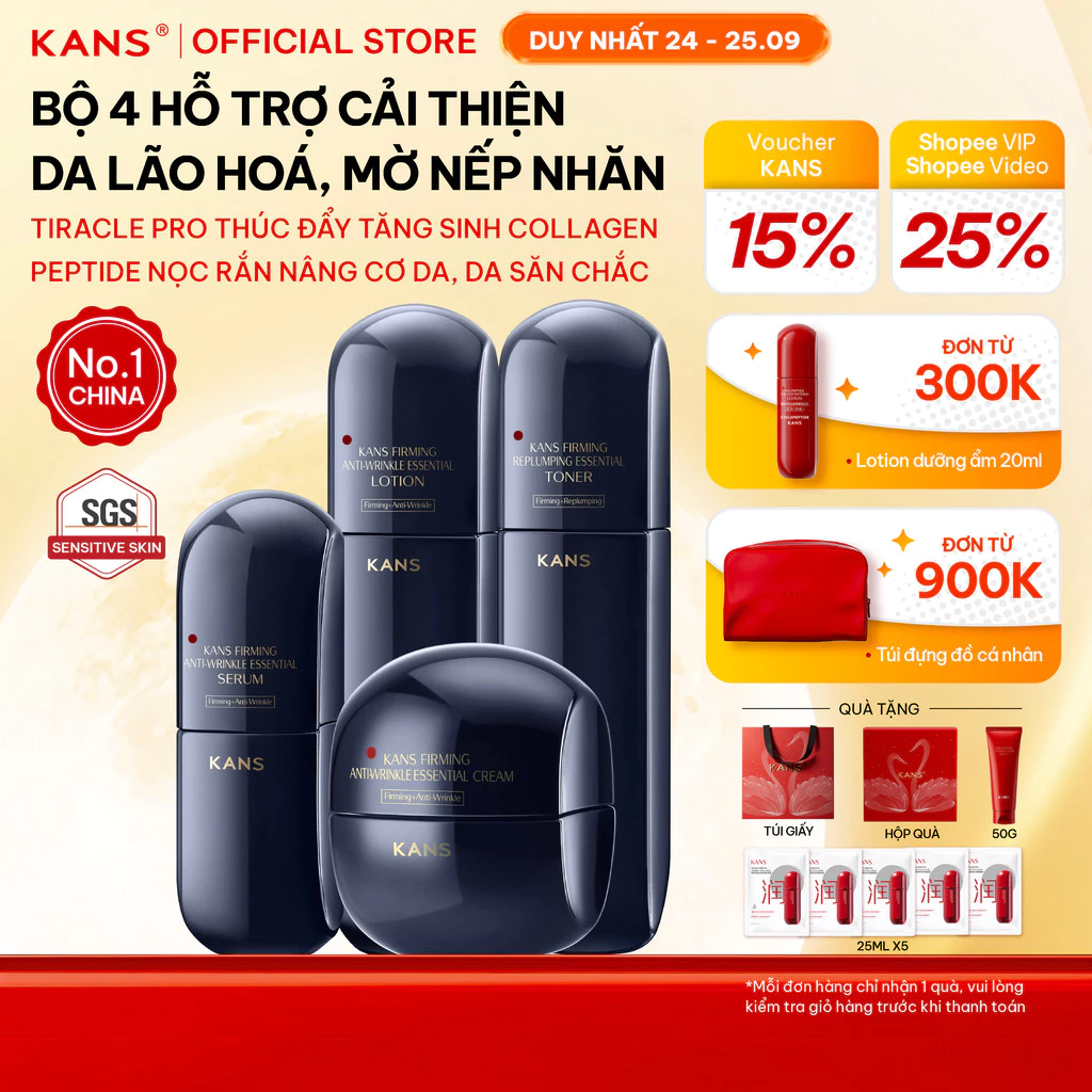 KANS Combo 4 Món Chống Lão Hóa, Mờ Nếp Nhăn Toner - Lotion - Serum - Cream 100mlx2+30ml+50g Săn Chắc Tăng Đàn Hồi Da