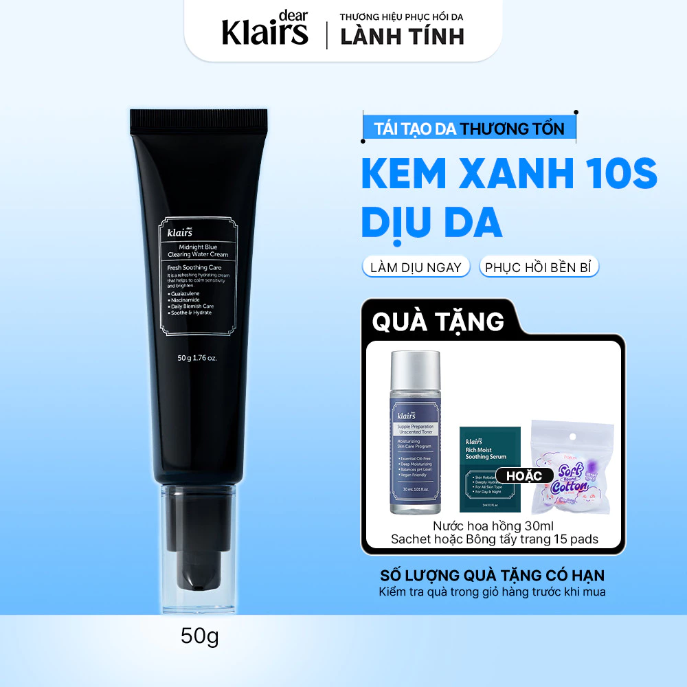 [DATE T11-12/27] Kem dưỡng ẩm Dear, Klairs Midnight Blue Clearing Water Cream hỗ trợ tái tạo da 50g [FS]
