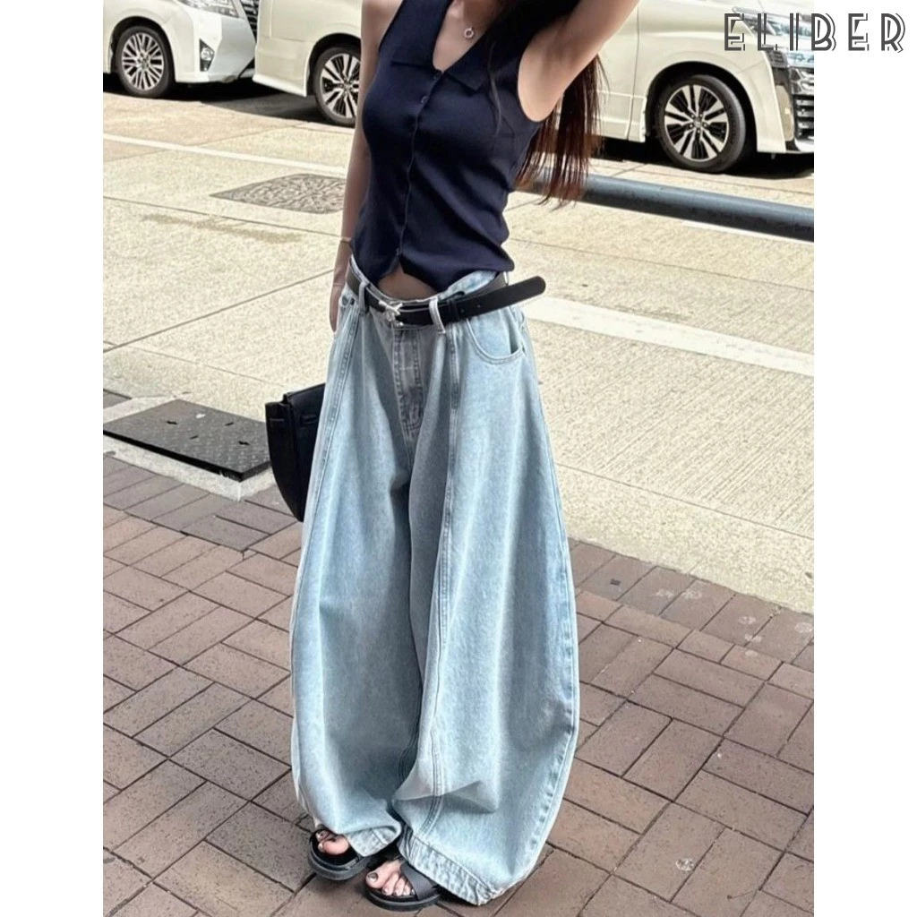 ELIBER- Quần Cạp Cao Nữ Màu Sáng Phong Cách Hàn Quốc Cổ Điển Quần Jean Ống Rộng Phong Cách Giản Dị