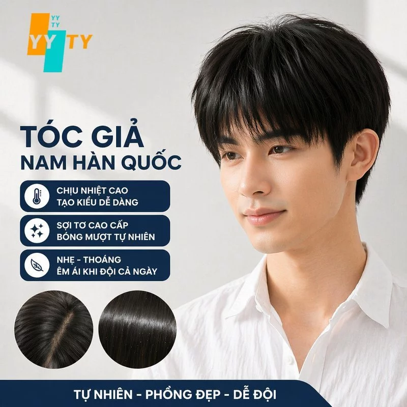 Tóc Giả Nam Ngắn Rẽ Ngôi Giữa Sợi Chịu Nhiệt Phồng Tự Nhiên Dễ Đội Màu Đen Nâu